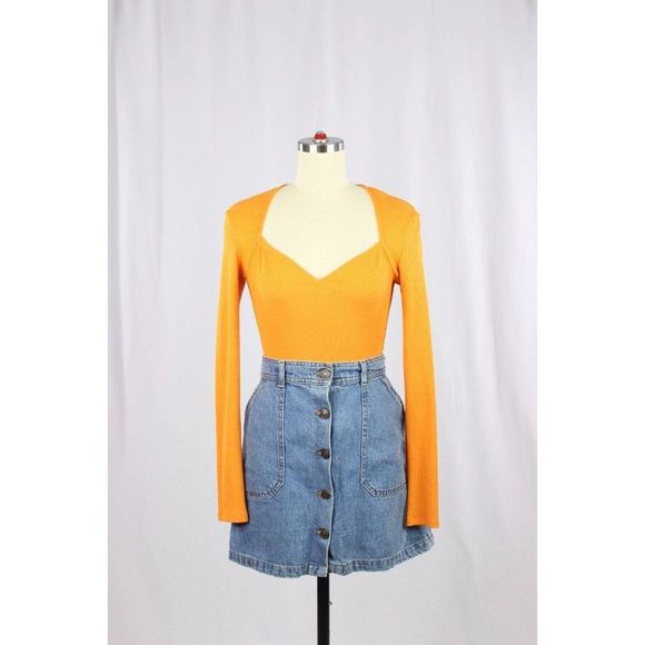 Avec Les Filles Tops - AVEC LES FILLES Orange Ribbed Knit Sweetheart Neckline Cheeky Bodysuit, Size S
